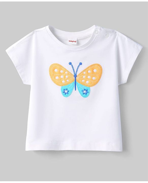 Babyhug Single Jersey Knit Half Sleeves Top & Shorts Set with Butterfly Embroidery - White & Orange