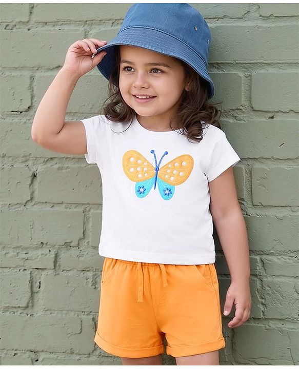 Babyhug Single Jersey Knit Half Sleeves Top & Shorts Set with Butterfly Embroidery - White & Orange