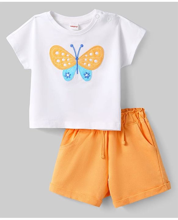 Babyhug Single Jersey Knit Half Sleeves Top & Shorts Set with Butterfly Embroidery - White & Orange