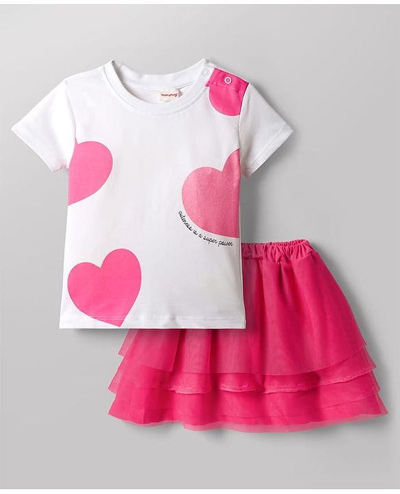Babyhug Single Jersey Knit Half Sleeves Top & Skirt Set With Heart Print - White & Pink