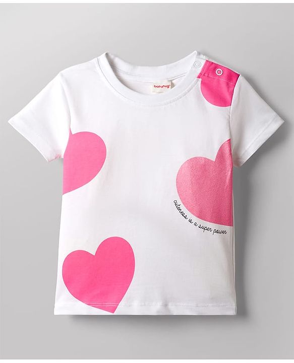 Babyhug Single Jersey Knit Half Sleeves Top & Skirt Set With Heart Print - White & Pink