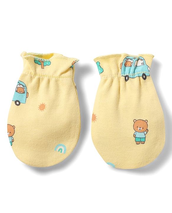 Babyhug 100% Cotton Knit Bear & Vehicles Printed Mittens & Booties Set - Yellow
