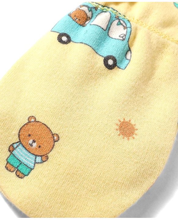 Babyhug 100% Cotton Knit Bear & Vehicles Printed Mittens & Booties Set - Yellow