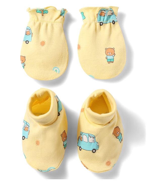Babyhug 100% Cotton Knit Bear & Vehicles Printed Mittens & Booties Set - Yellow