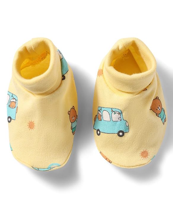 Babyhug 100% Cotton Knit Bear & Vehicles Printed Mittens & Booties Set - Yellow