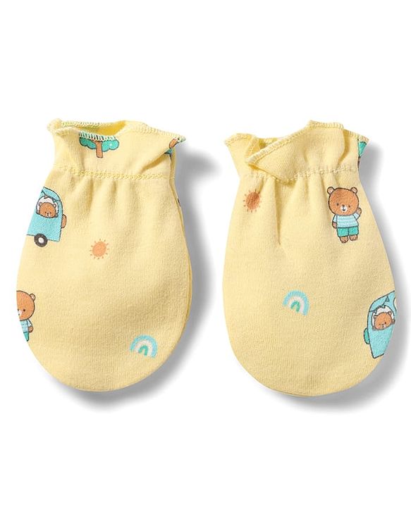 Babyhug 100% Cotton Knit Bear & Vehicles Printed Mittens & Booties Set - Yellow