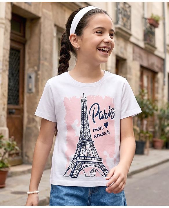 Pine Kids Cotton Knit Half Sleeves T-Shirt With Eiffel Tower Print - White