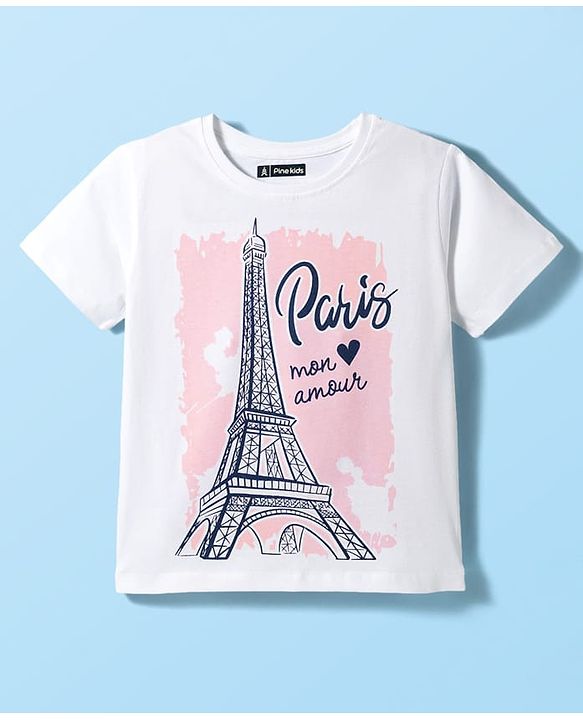 Pine Kids Cotton Knit Half Sleeves T-Shirt With Eiffel Tower Print - White