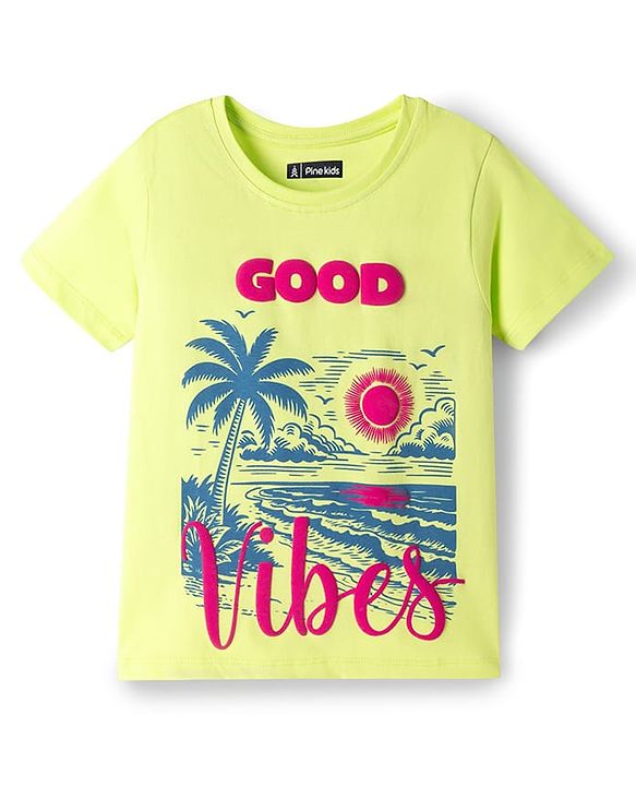 Pine Kids Cotton Knit Half Sleeves T-Shirts With Beach Theme - Limegreen