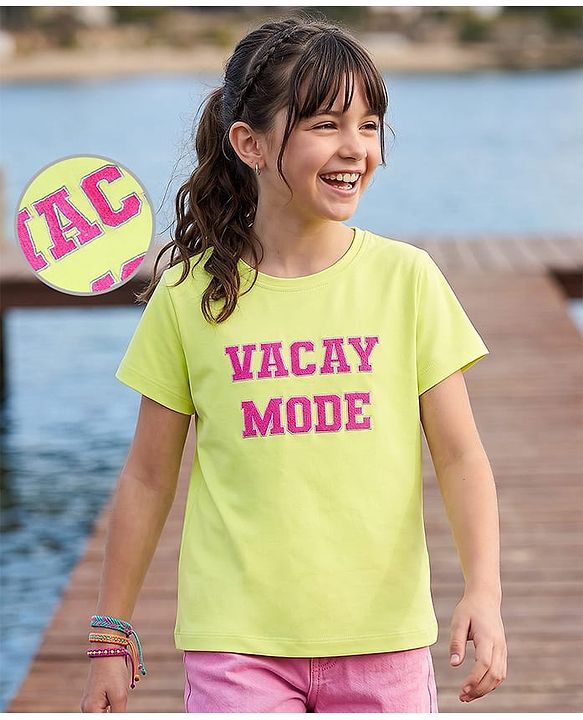 Pine Kids Cotton Knit Half Sleeves T-Shirt With Text Print - Limegreen