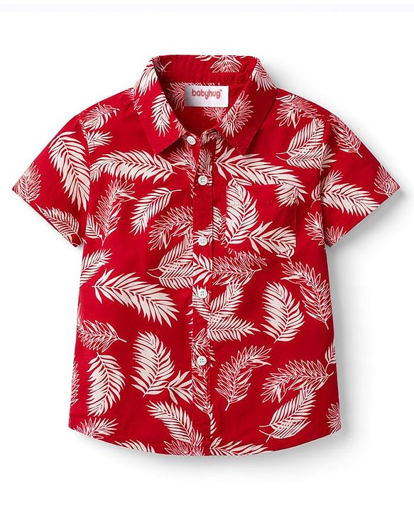 Babyhug Cotton Woven Half Sleeves Shirt With Leaf Print - Red