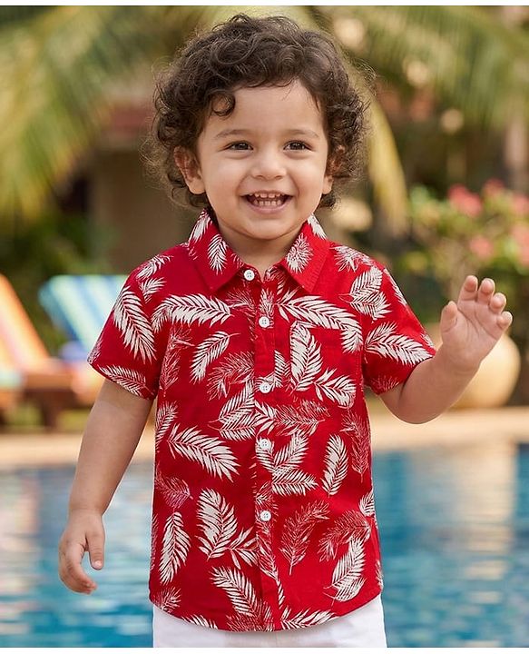 Babyhug Cotton Woven Half Sleeves Shirt With Leaf Print - Red