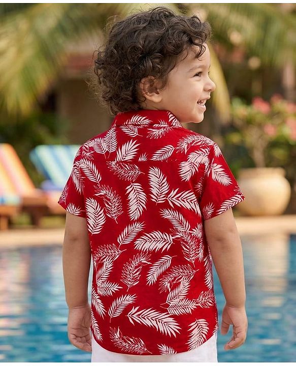 Babyhug Cotton Woven Half Sleeves Shirt With Leaf Print - Red