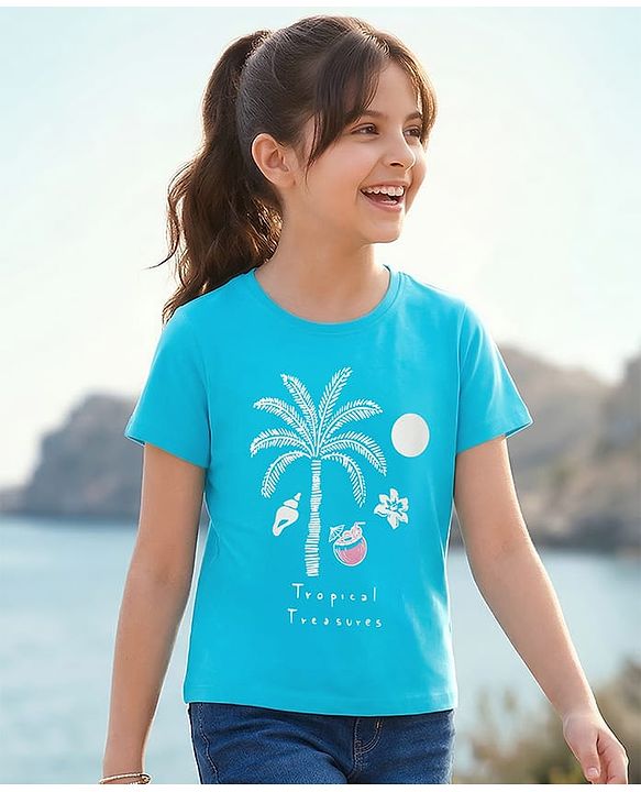 Pine Kids Cotton Knit Half Sleeves T-Shirt With Tree Print - Blue