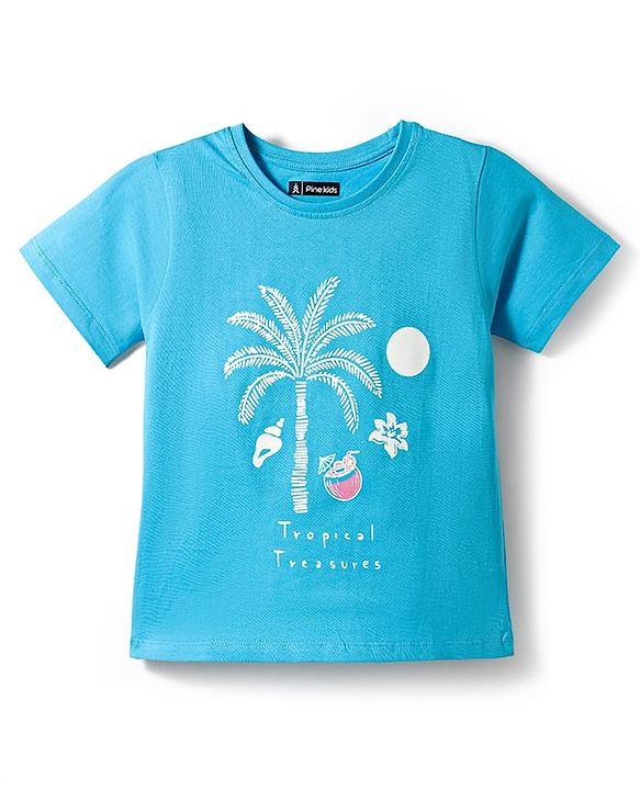 Pine Kids Cotton Knit Half Sleeves T-Shirt With Tree Print - Blue