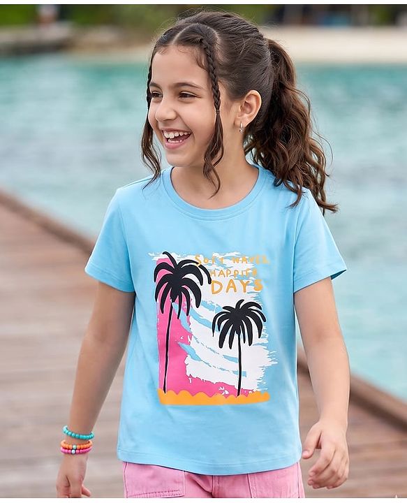 Pine Kids Cotton Knit T-Shirts Half Sleeves Round Neck Graphic Blue 4-5 Years