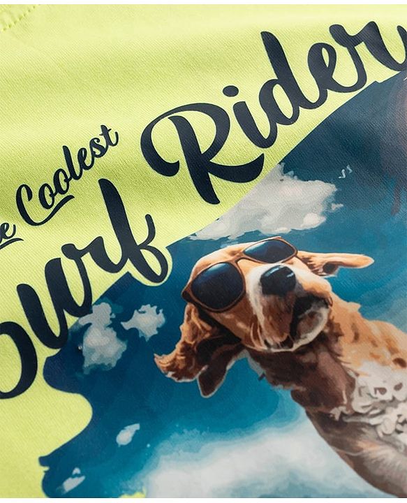 Pine Kids Cotton Knit Half Sleeves T-Shirts with Surf Rider Doggo Graphic Print - Limegreen