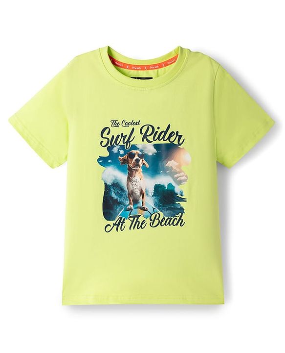 Pine Kids Cotton Knit Half Sleeves T-Shirts with Surf Rider Doggo Graphic Print - Limegreen