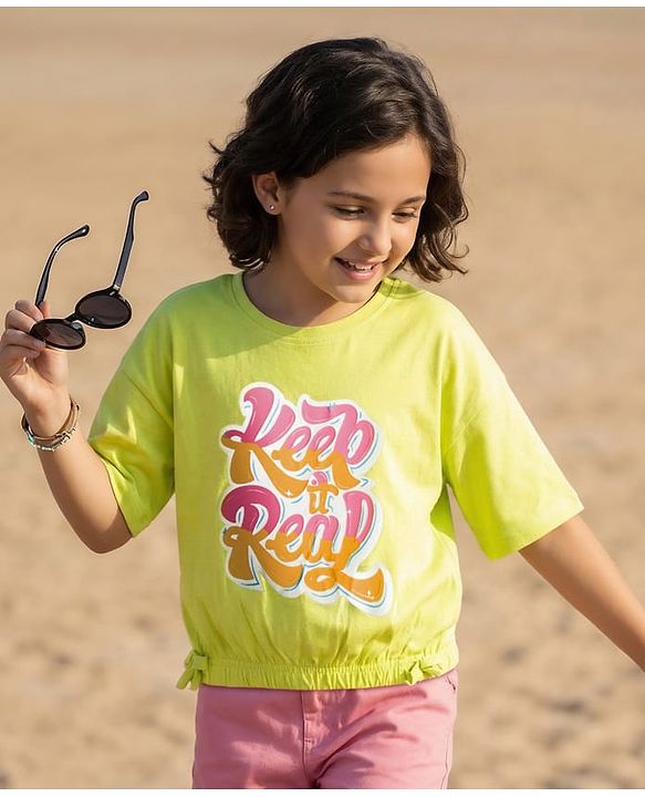Pine Kids Cotton Knit Drop Shoulder Half Sleeves T-Shirt with Keep It it Real Print - Lime Green
