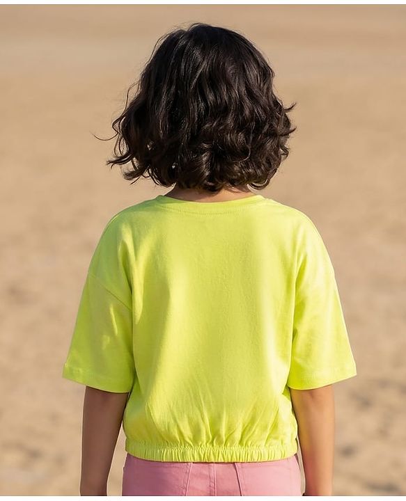 Pine Kids Cotton Knit Drop Shoulder Half Sleeves T-Shirt with Keep It it Real Print - Lime Green
