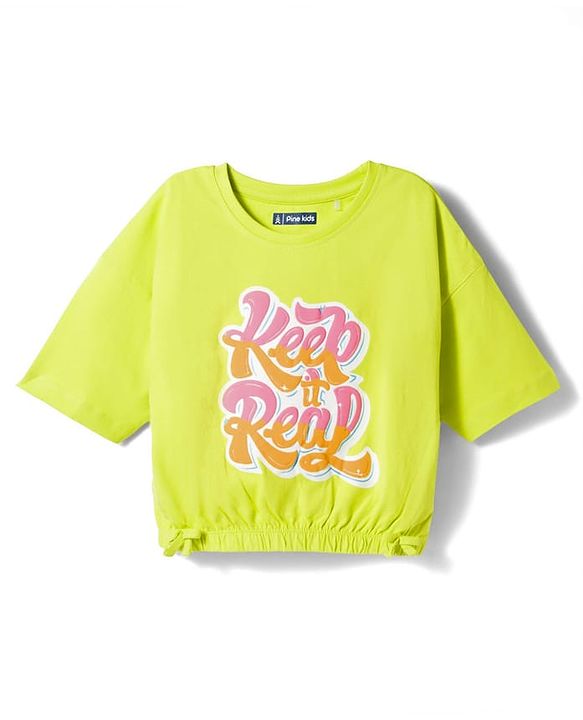 Pine Kids Cotton Knit Drop Shoulder Half Sleeves T-Shirt with Keep It it Real Print - Lime Green
