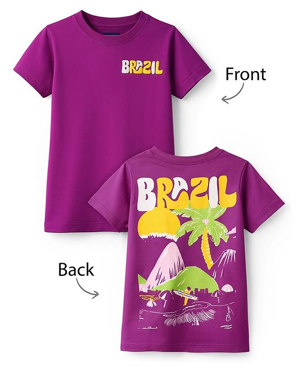 Pine Kids Cotton Knit Half Sleeves T-Shirt With Brazil Print - Purple