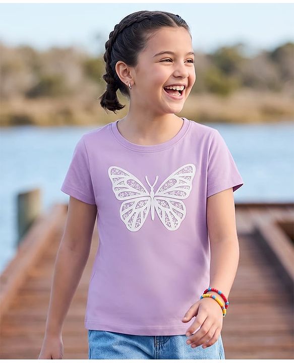 Pine Kids Cotton Knit T-Shirt Round Neck Half Sleeves Butterfly Print Lavender 4-5 Years