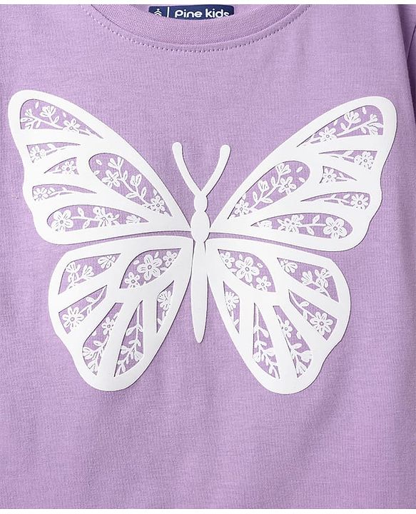 Pine Kids Cotton Knit T-Shirt Round Neck Half Sleeves Butterfly Print Lavender 4-5 Years