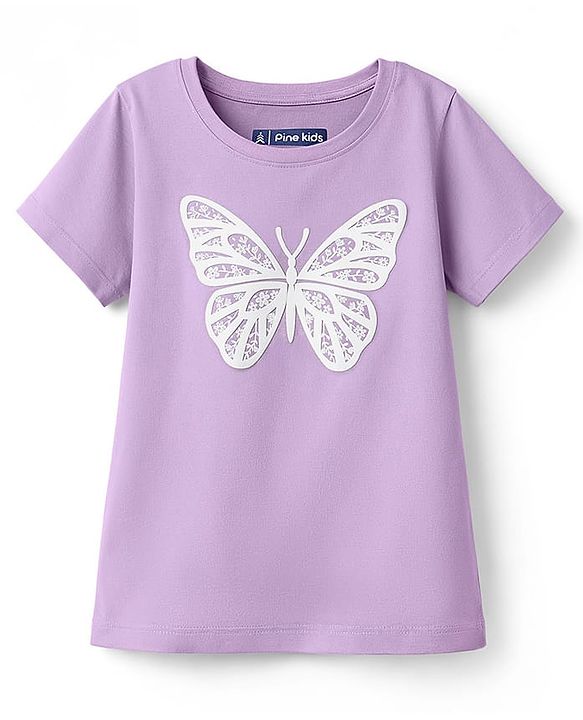 Pine Kids Cotton Knit T-Shirt Round Neck Half Sleeves Butterfly Print Lavender 4-5 Years