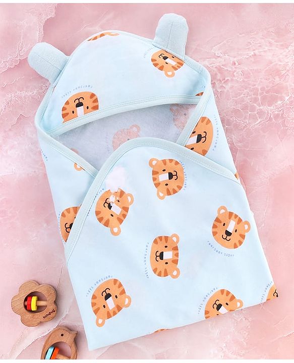 Babyhug Cotton Knit Hooded Towel With Tiger Print L 75 x B 75 cm - Light Blue