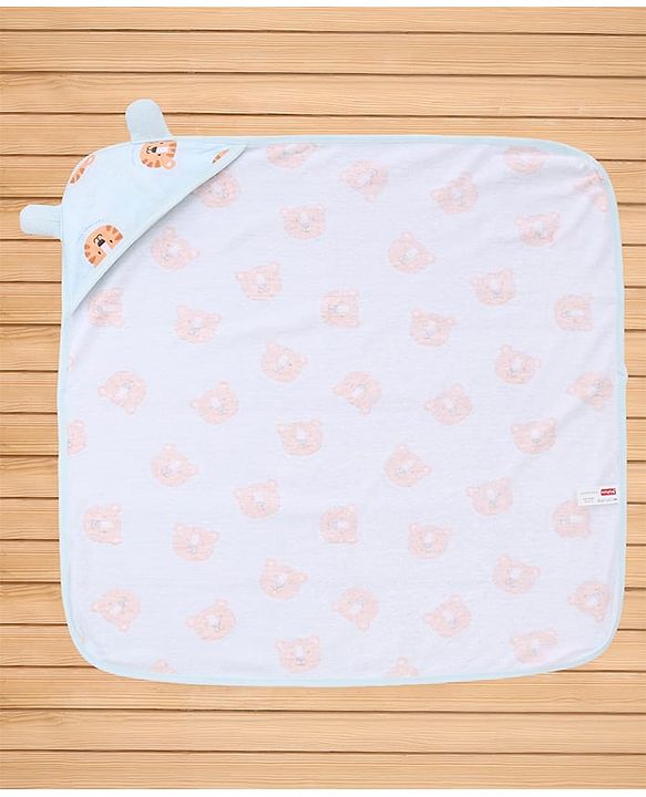 Babyhug Cotton Knit Hooded Towel With Tiger Print L 75 x B 75 cm - Light Blue