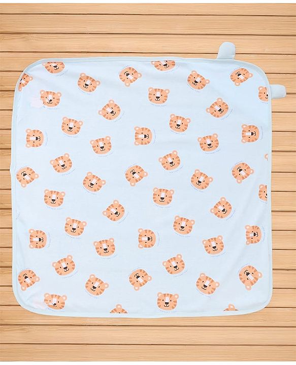 Babyhug Cotton Knit Hooded Towel With Tiger Print L 75 x B 75 cm - Light Blue