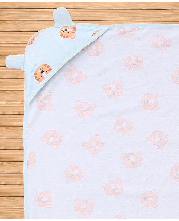 Babyhug Cotton Knit Hooded Towel With Tiger Print L 75 x B 75 cm - Light Blue