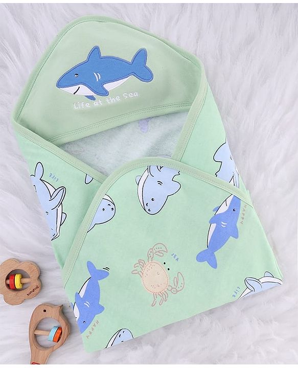 Babyhug Cotton Knit Hooded Towel With Shark Print & Embroidery L 75 x B 75 cm - Green