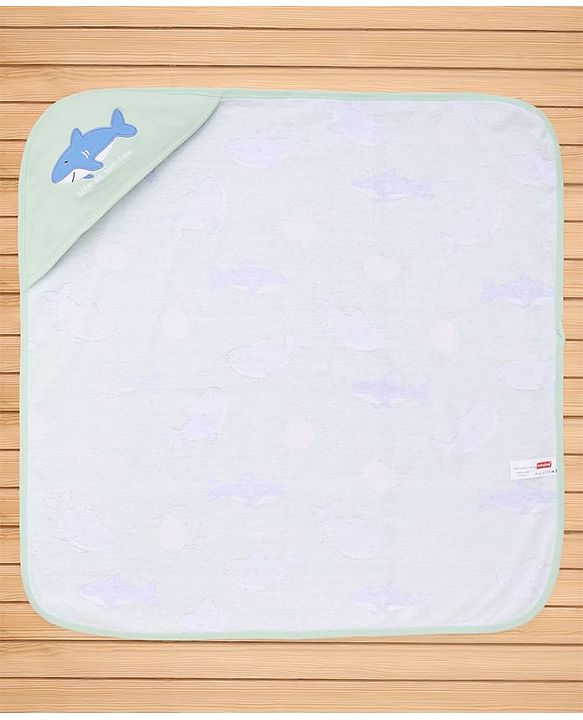 Babyhug Cotton Knit Hooded Towel With Shark Print & Embroidery L 75 x B 75 cm - Green