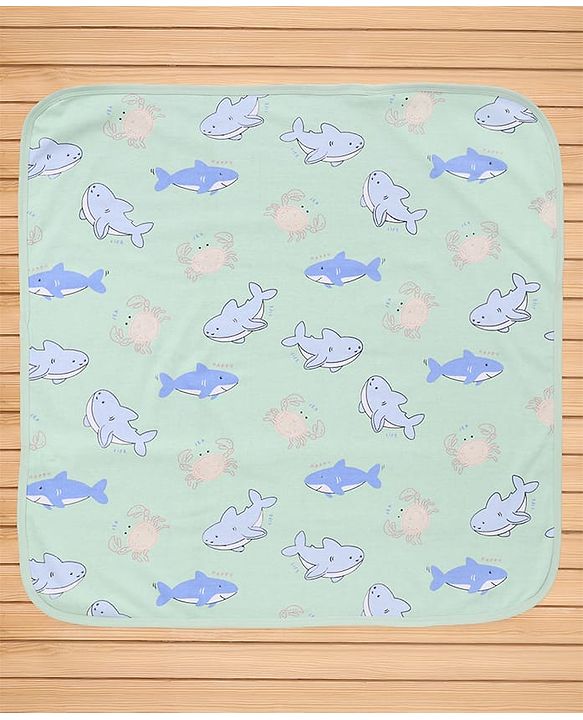 Babyhug Cotton Knit Hooded Towel With Shark Print & Embroidery L 75 x B 75 cm - Green