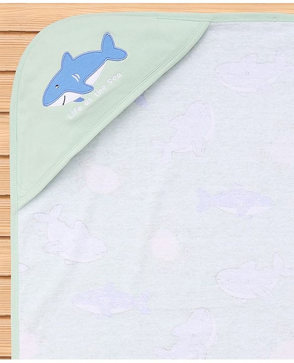 Babyhug Cotton Knit Hooded Towel With Shark Print & Embroidery L 75 x B 75 cm - Green
