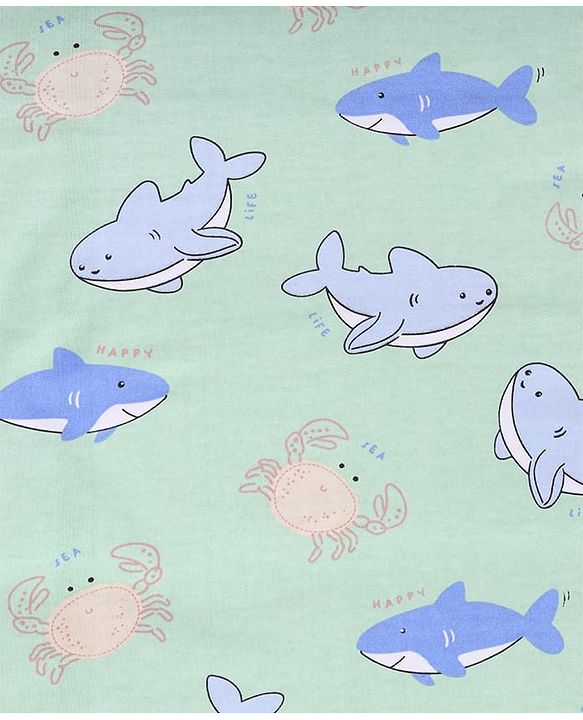 Babyhug Cotton Knit Hooded Towel With Shark Print & Embroidery L 75 x B 75 cm - Green