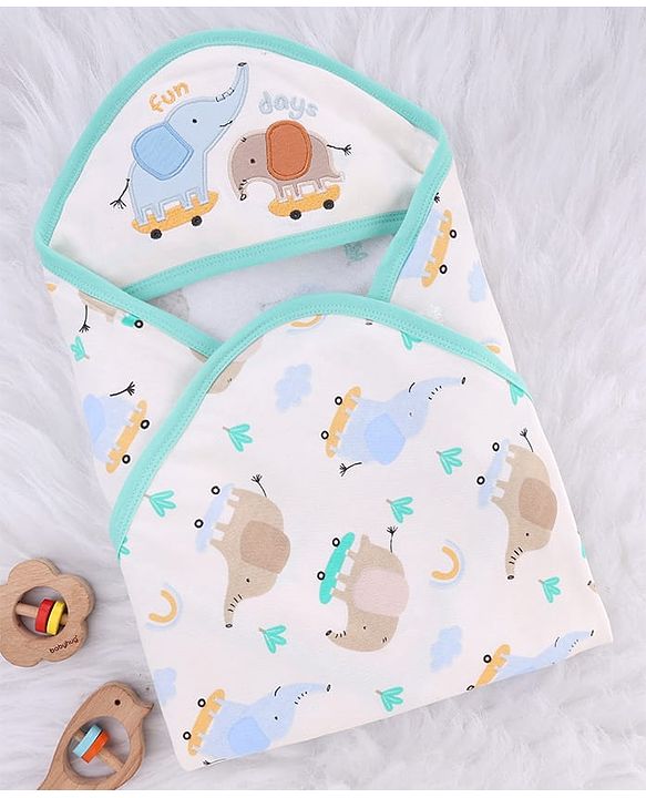 Babyhug Cotton Knit Hooded Towel With Elephant Print & Embroidery L 75 x B 75 cm - Blue