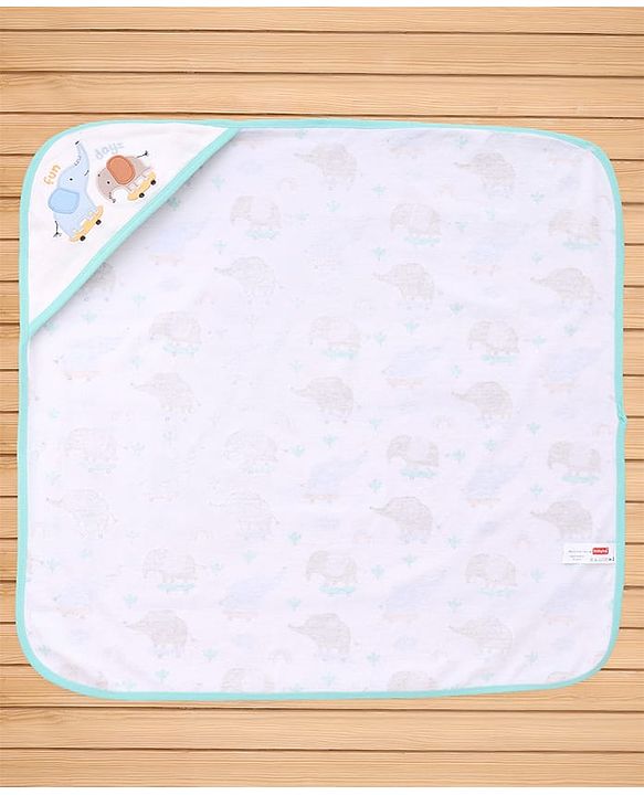 Babyhug Cotton Knit Hooded Towel With Elephant Print & Embroidery L 75 x B 75 cm - Blue
