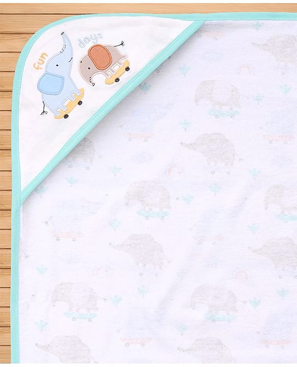 Babyhug Cotton Knit Hooded Towel With Elephant Print & Embroidery L 75 x B 75 cm - Blue