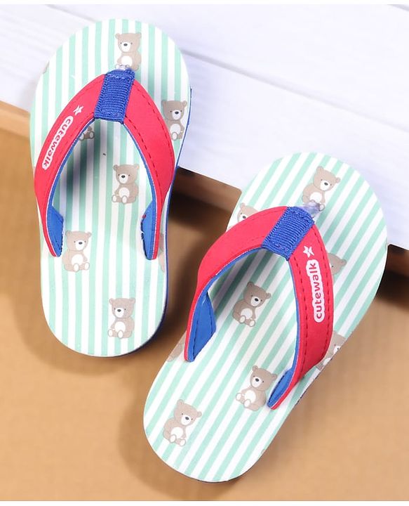 Cute Walk by Babyhug Flip Flops with Teddy Print - Red
