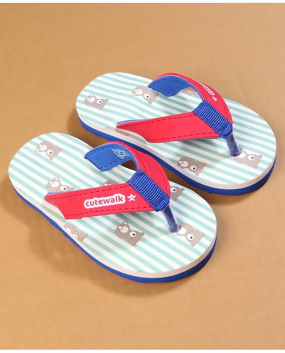 Cute Walk by Babyhug Flip Flops with Teddy Print - Red