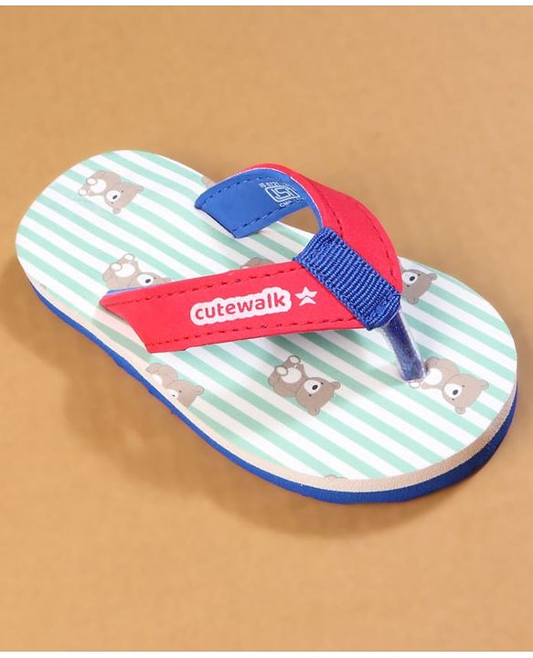 Cute Walk by Babyhug Flip Flops with Teddy Print - Red