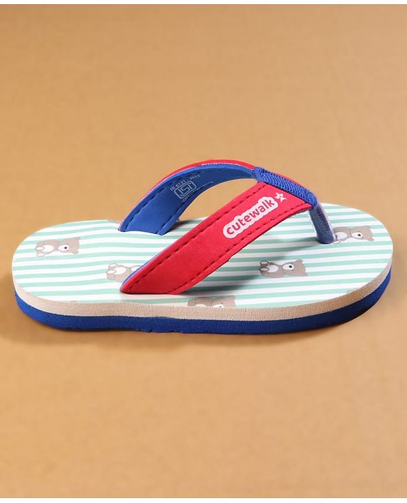 Cute Walk by Babyhug Flip Flops with Teddy Print - Red