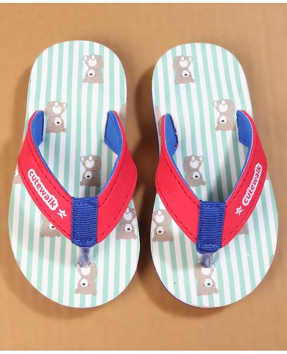 Cute Walk by Babyhug Flip Flops with Teddy Print - Red