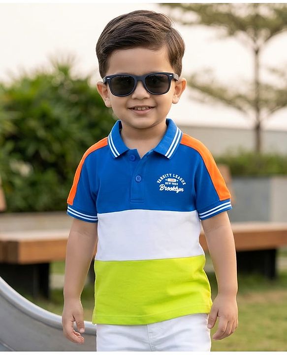Babyhug Cotton Knit Striped Polo T-Shirt With Text Print - Multicolor