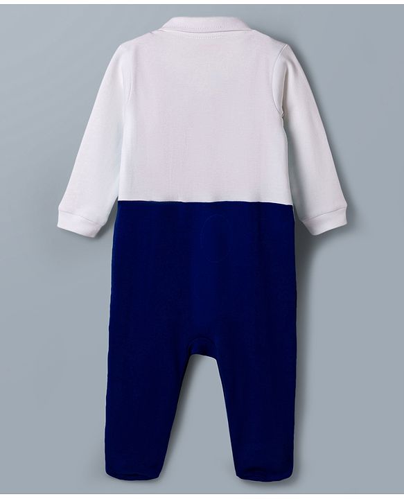 Babyhug Cotton Knit Full Sleeves Footed Solid Party Romper With Bow Applique & Attached Waistcoat - Blue