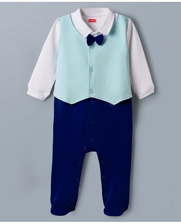 Babyhug Cotton Knit Full Sleeves Footed Solid Party Romper With Bow Applique & Attached Waistcoat - Blue