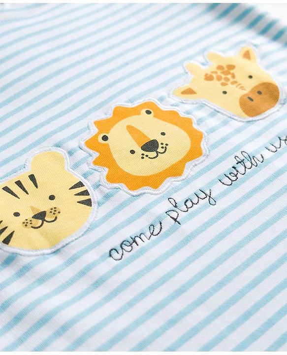Babyhug Cotton Knit Full Sleeves Footed Sleepsuit With Animal Patch - Blue
